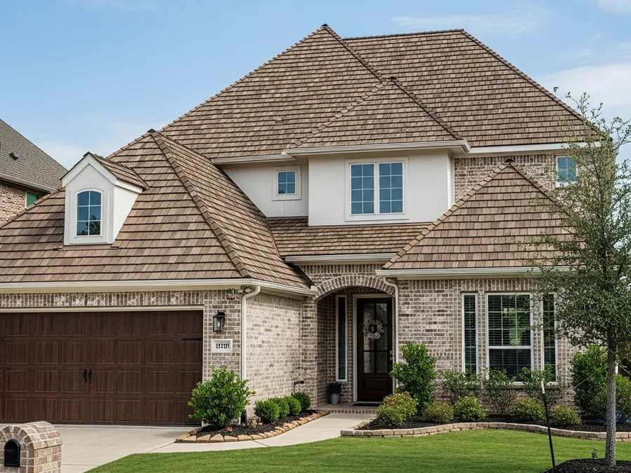 Weathered-wood asphalt shingle roof on a two-story Buda, TX home