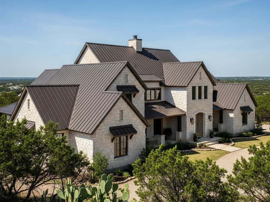 Standing seam metal roof on a custom Dripping Springs, TX Hill Country home