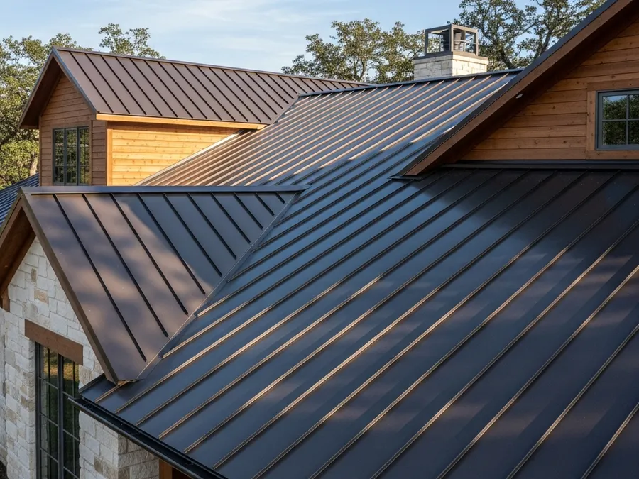 Close-up of a bronze standing seam metal roof on a Dripping Springs, TX home
