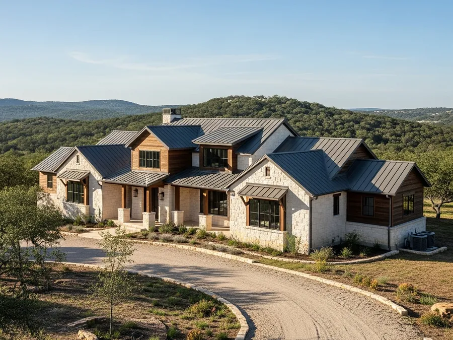 Custom Dripping Springs, TX home with a mixed metal and shingle roof
