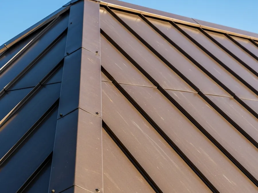 Close-up of metal roof panels and ridge cap on a Kyle, TX roof