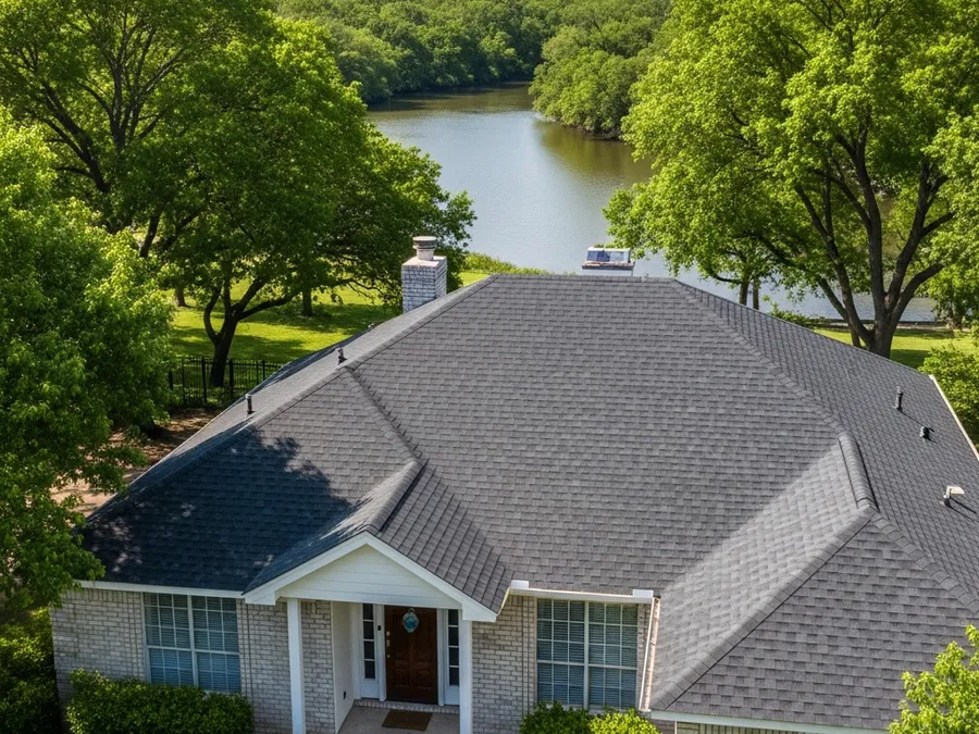 Roof replacement on a San Marcos, TX home surrounded by trees near the river