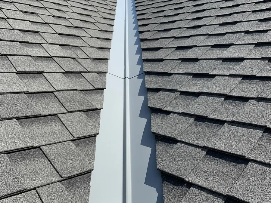 Close-up of a shingle roof valley with flashing on a San Marcos, TX home