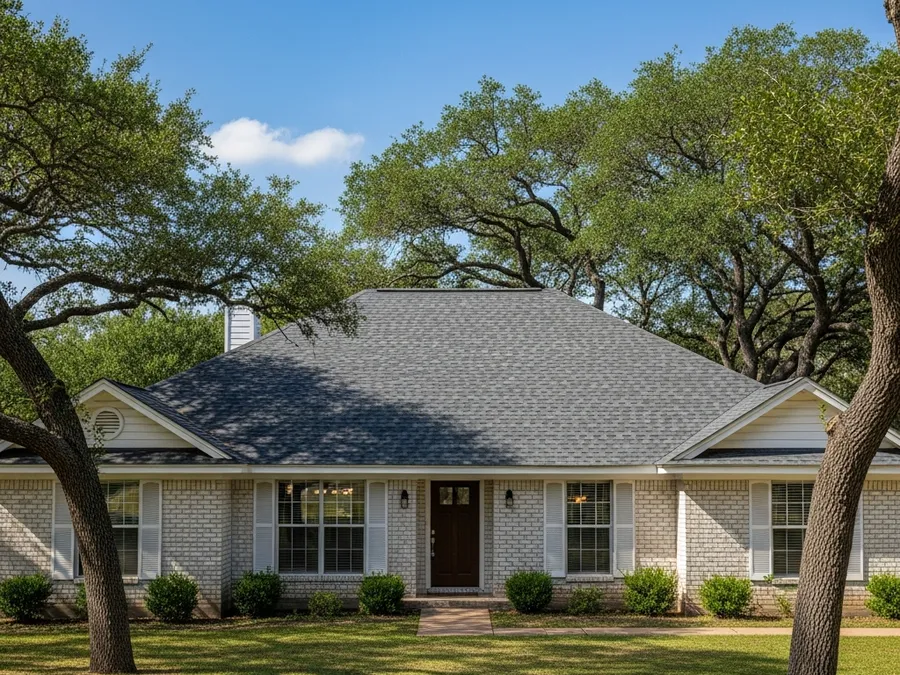 Asphalt shingle roof replacement on an older South Austin, TX ranch-style home with oak trees
