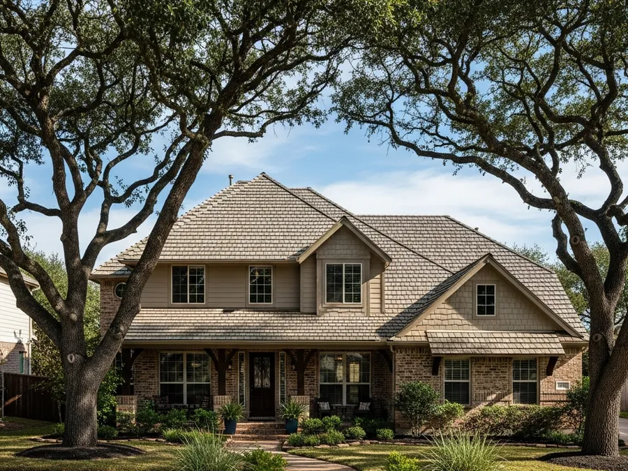 Architectural shingle roof on a two-story South Austin, TX home shaded by mature oaks