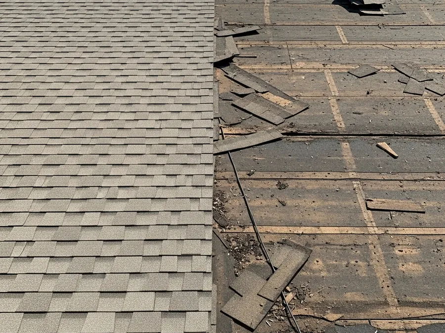 South Austin, TX roof replacement showing new shingles next to old worn shingles