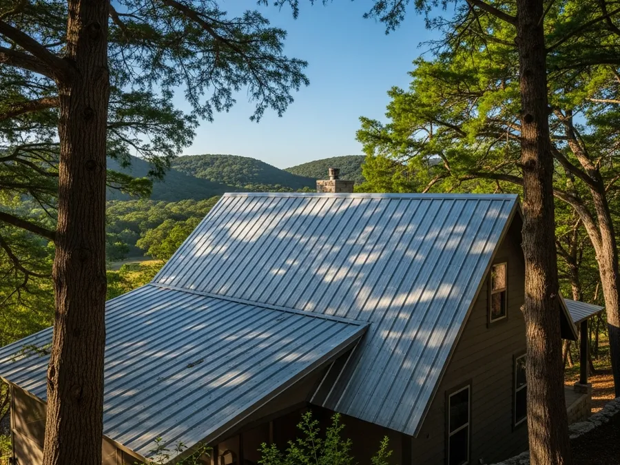 Steep metal roof on a Wimberley, TX Hill Country home surrounded by cypress trees
