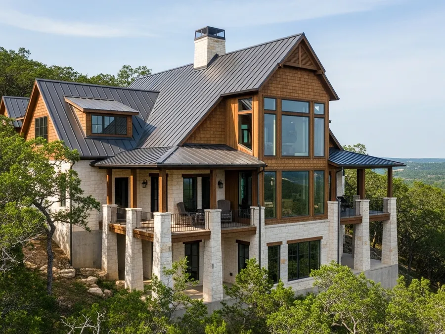 Custom Wimberley, TX Hill Country home with a steep dark metal roof on a wooded hillside lot