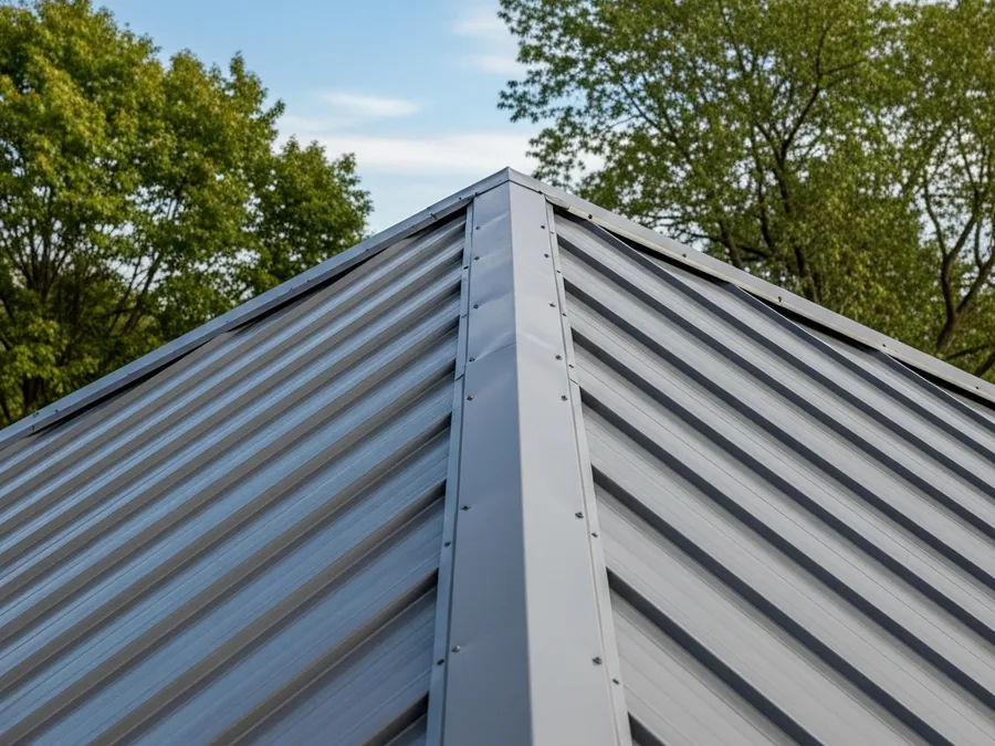Close-up of a standing seam metal roof ridge on a steeply pitched Wimberley, TX roof